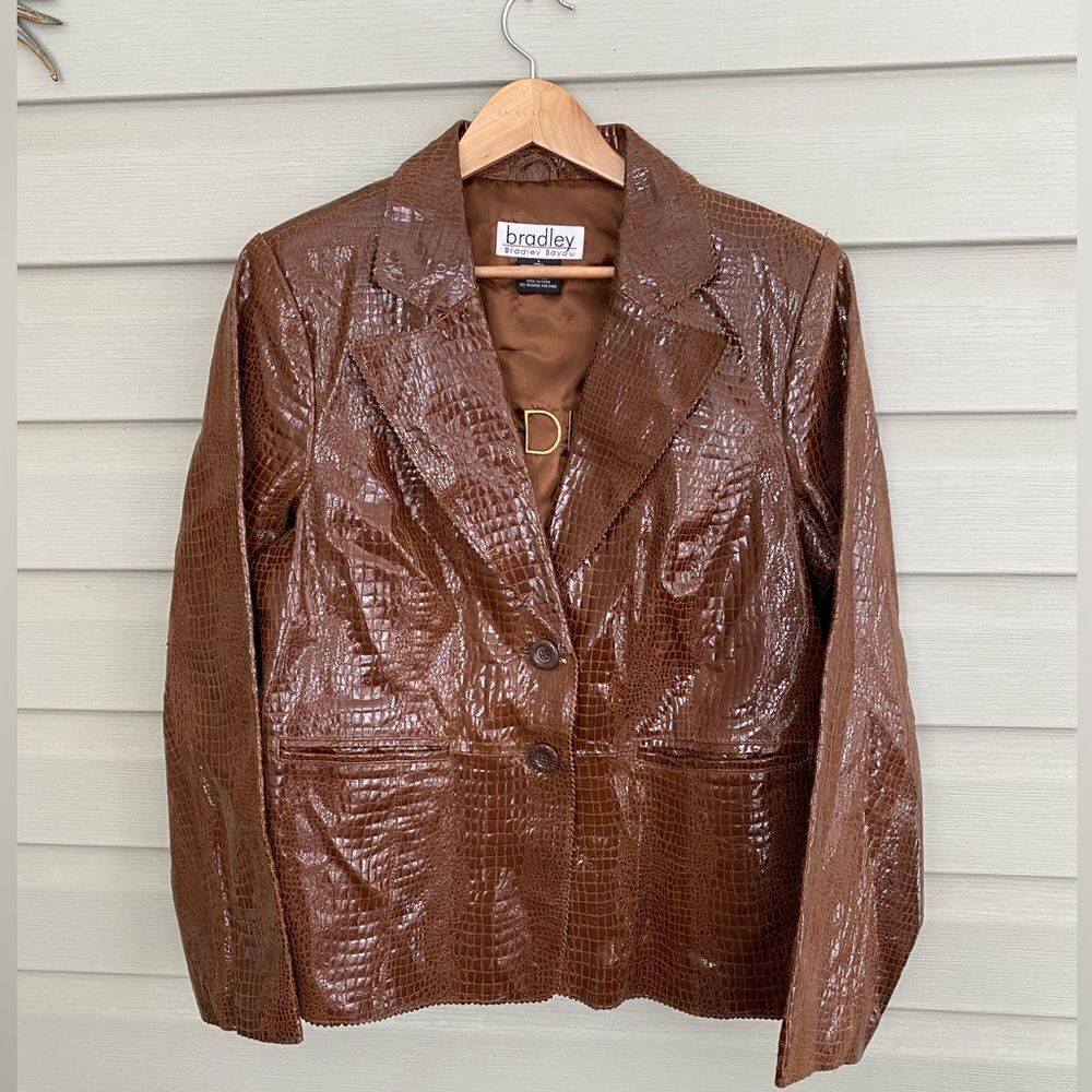 BRADLEY BAYOU brown leather coat shiny crocodile embossed Y2K Glam vintage sz L